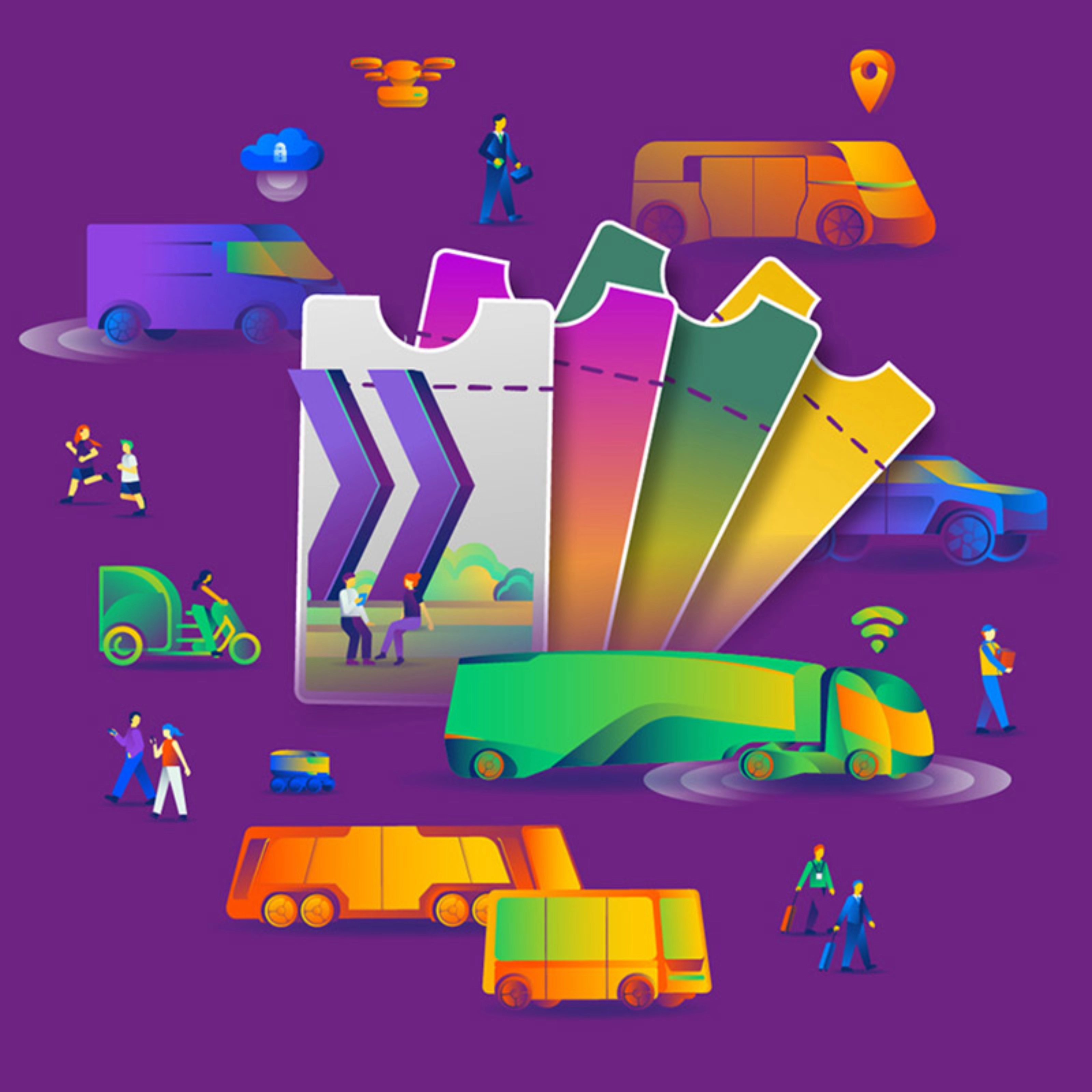 Bunte Illustration zu Mobilität mit Tickets, Fahrzeugen und Menschen.