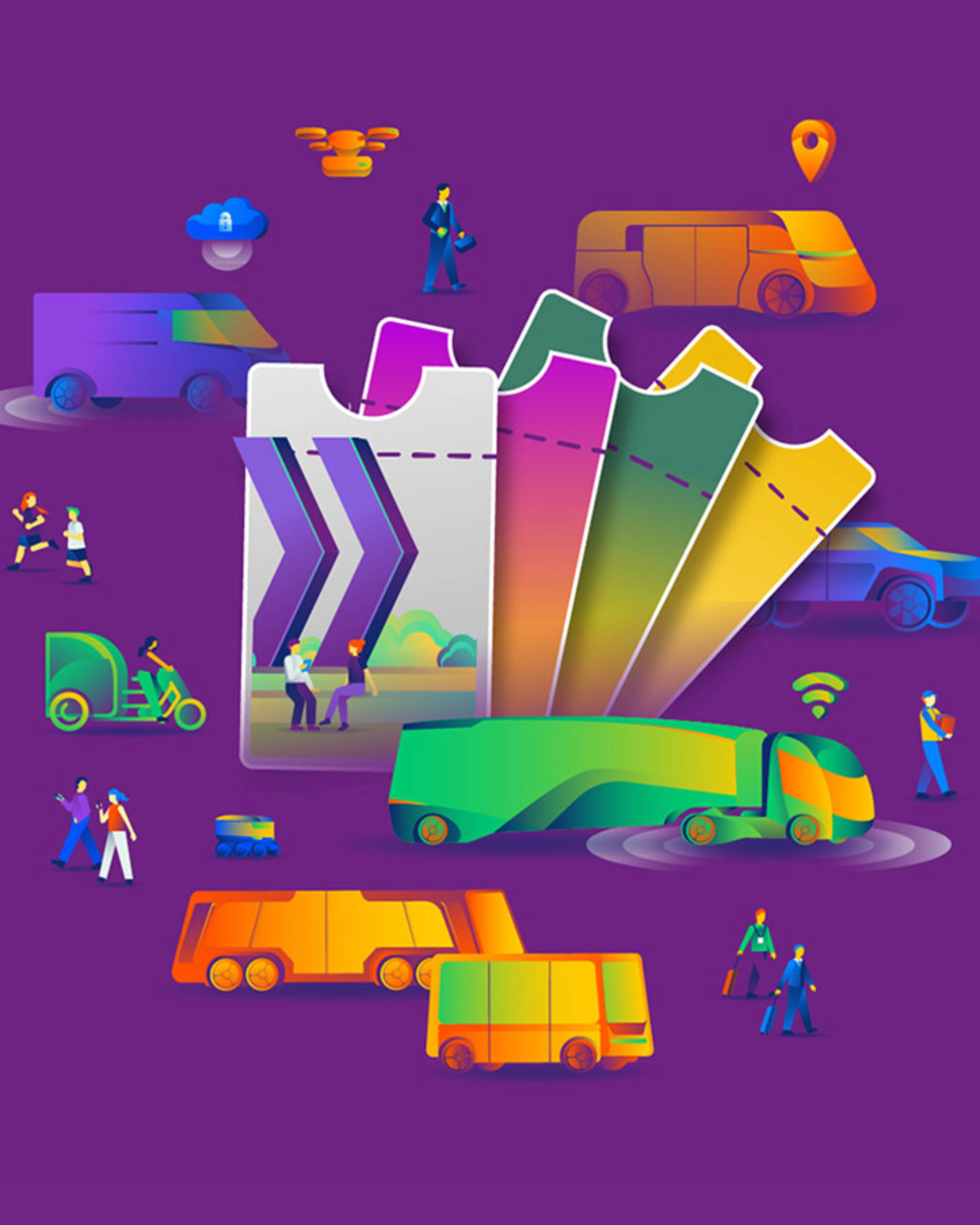 Bunte Illustration zu Mobilität mit Tickets, Fahrzeugen und Menschen.