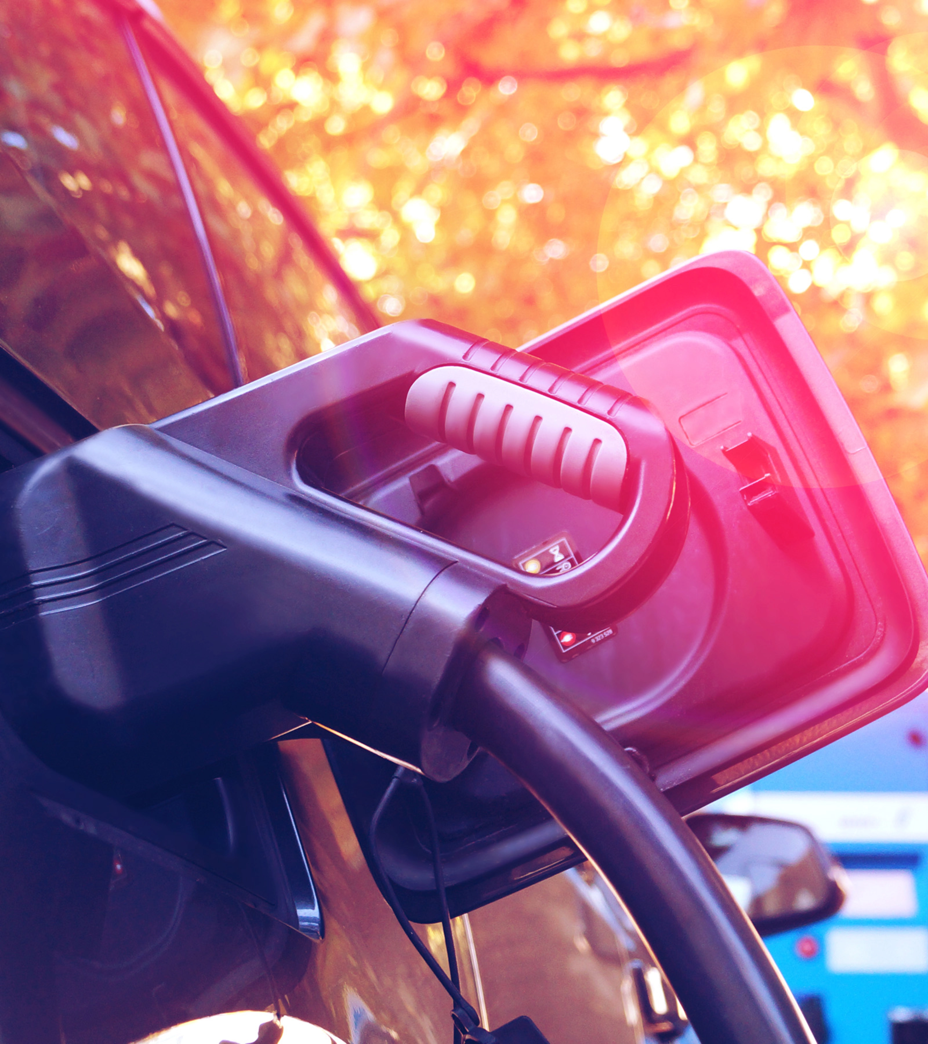Elektroauto lädt an einer Station im herbstlichen Sonnenlicht mit Bäumen im Hintergrund.