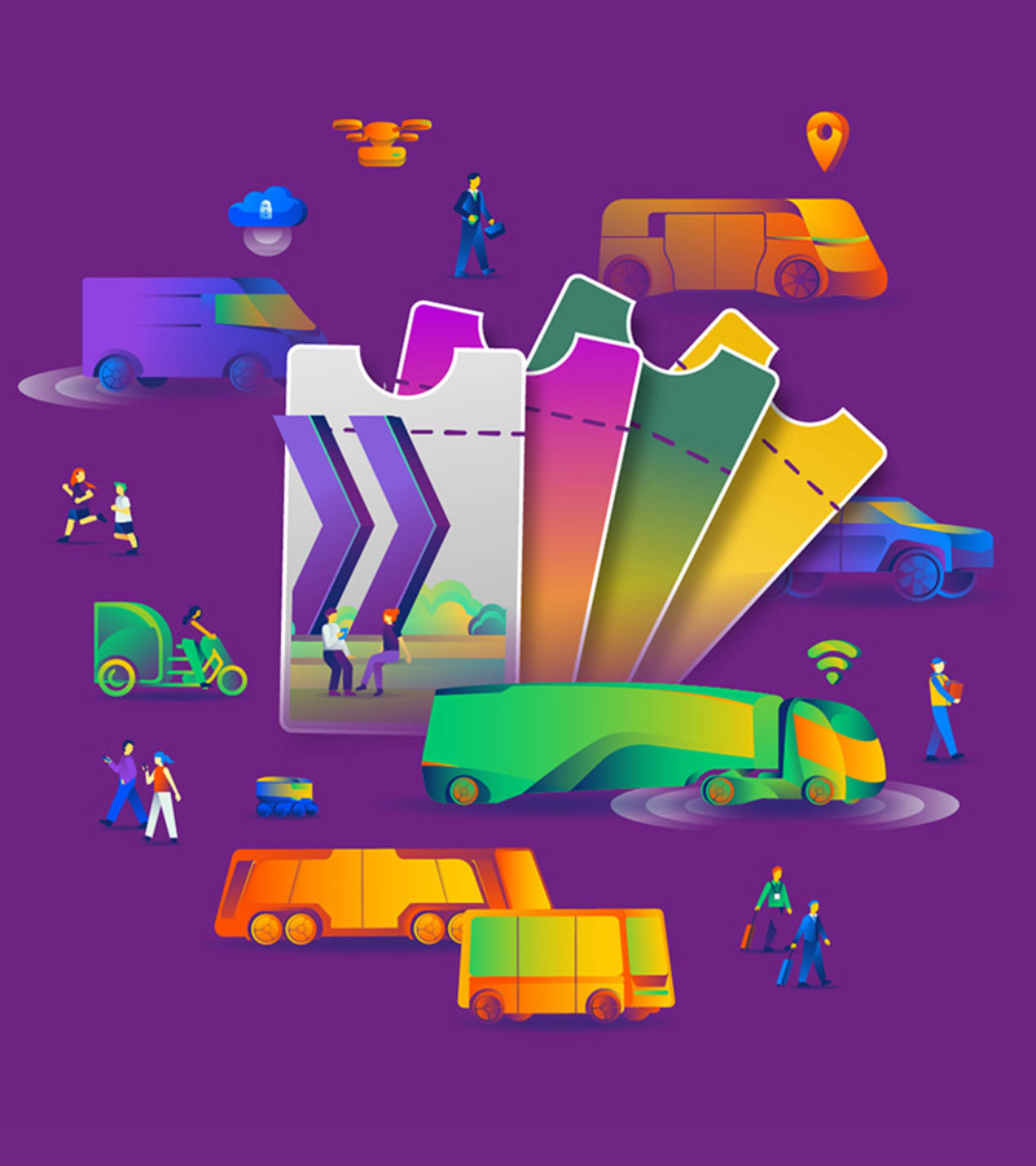 Bunte Illustration zu Mobilität mit Tickets, Fahrzeugen und Menschen.