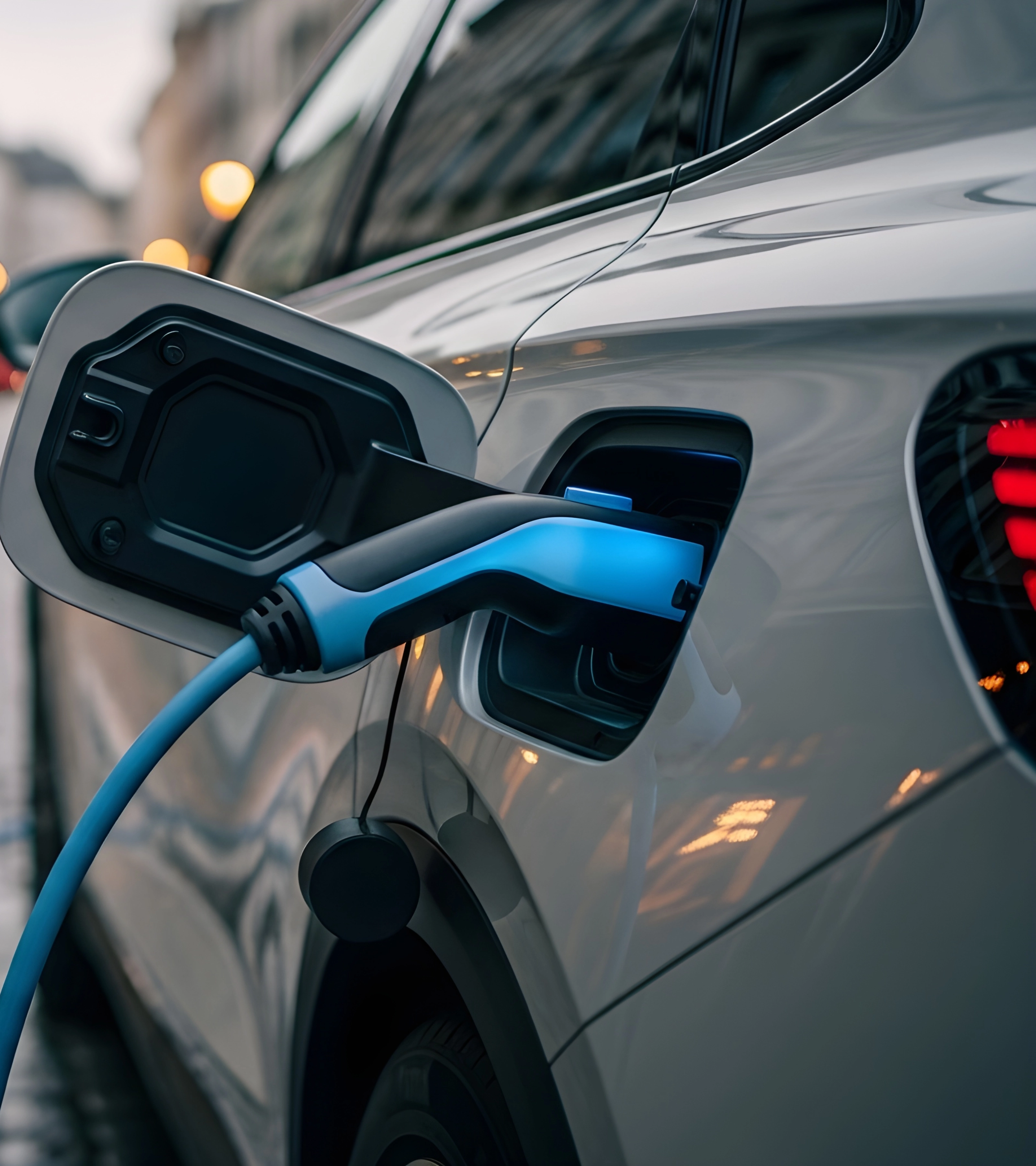 Ein modernes Elektroauto lädt an einer Ladesäule.